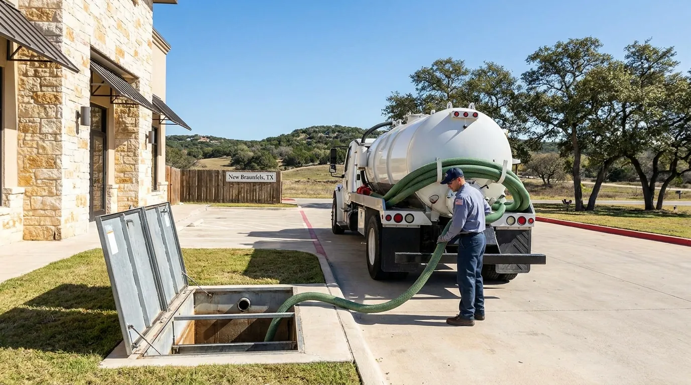 A commercial kitchen grease trap being pumped in New Braunfels