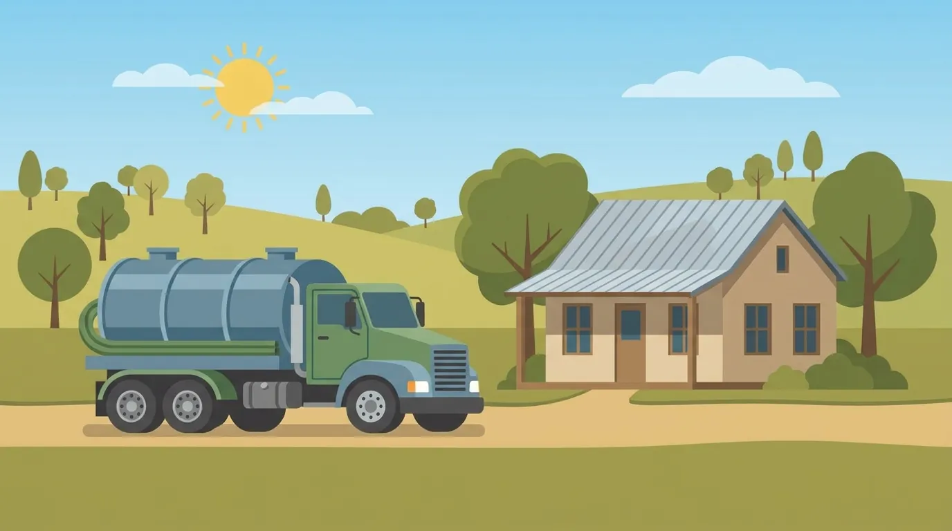 Septic service truck parked outside a rural New Braunfels home