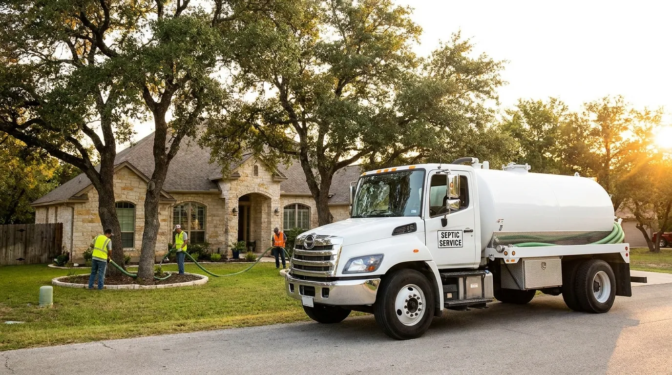 Emergency septic service truck at a New Braunfels home