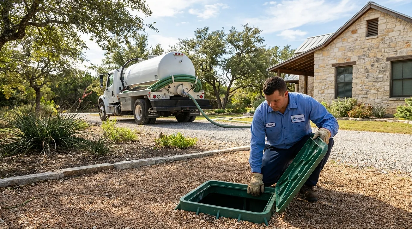 Technician inspecting a septic tank access lid in New Braunfels