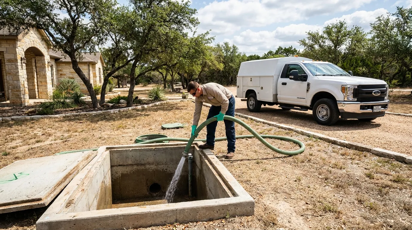 A septic tank being cleaned down to the floor in New Braunfels