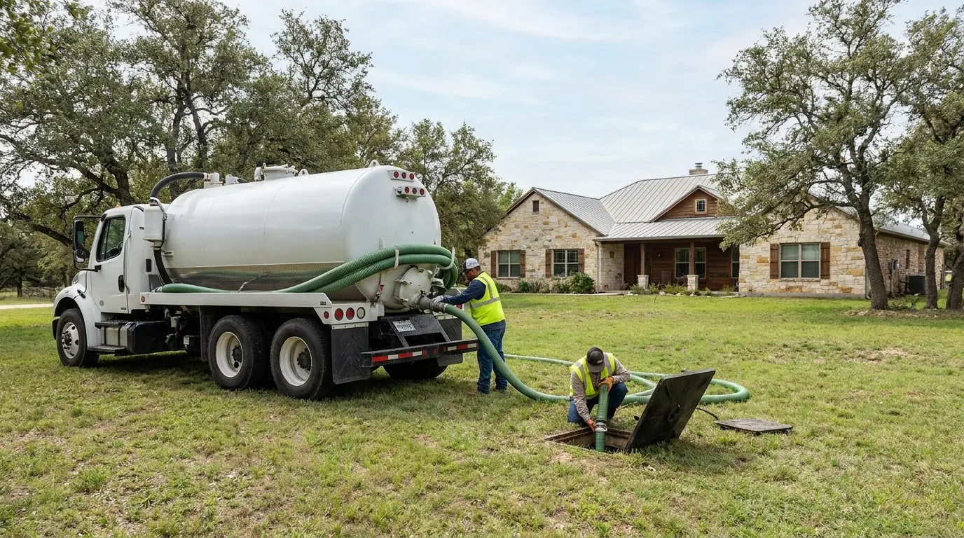 Septic pumping truck at a home in Cibolo, TX